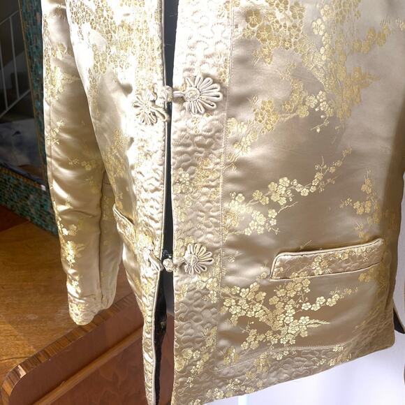 Vintage Chinese Sz L Style Gold Silky Reversible Jacket Floral Embroidered Retro - Picture 9 of 16